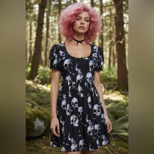 NWT Dolls Kill Widow Wayward Skulls Babydoll Dress w/ Lace Trim Scoop Neckline